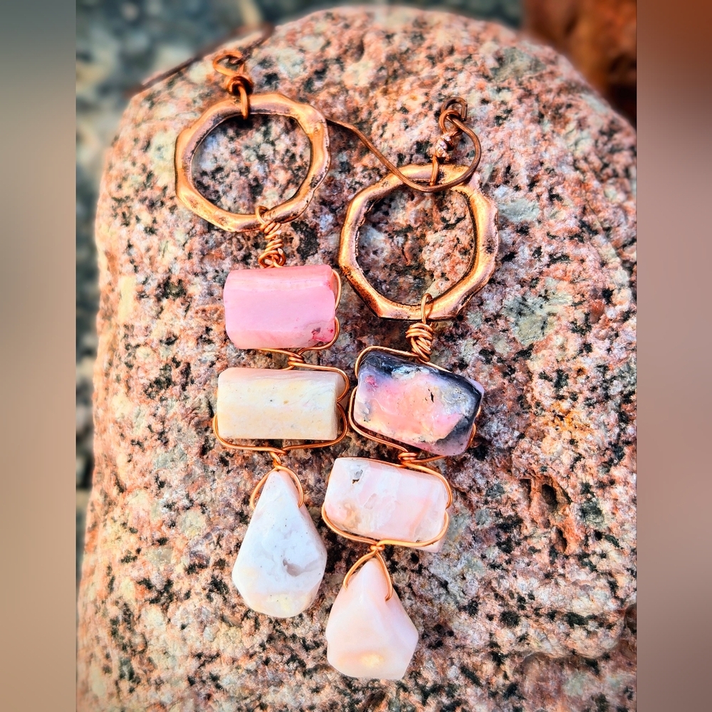 Whispers From Andes Genuine Pink Peruvian Opals In Antique Copper Drop Earrings - Picture 2 of 10